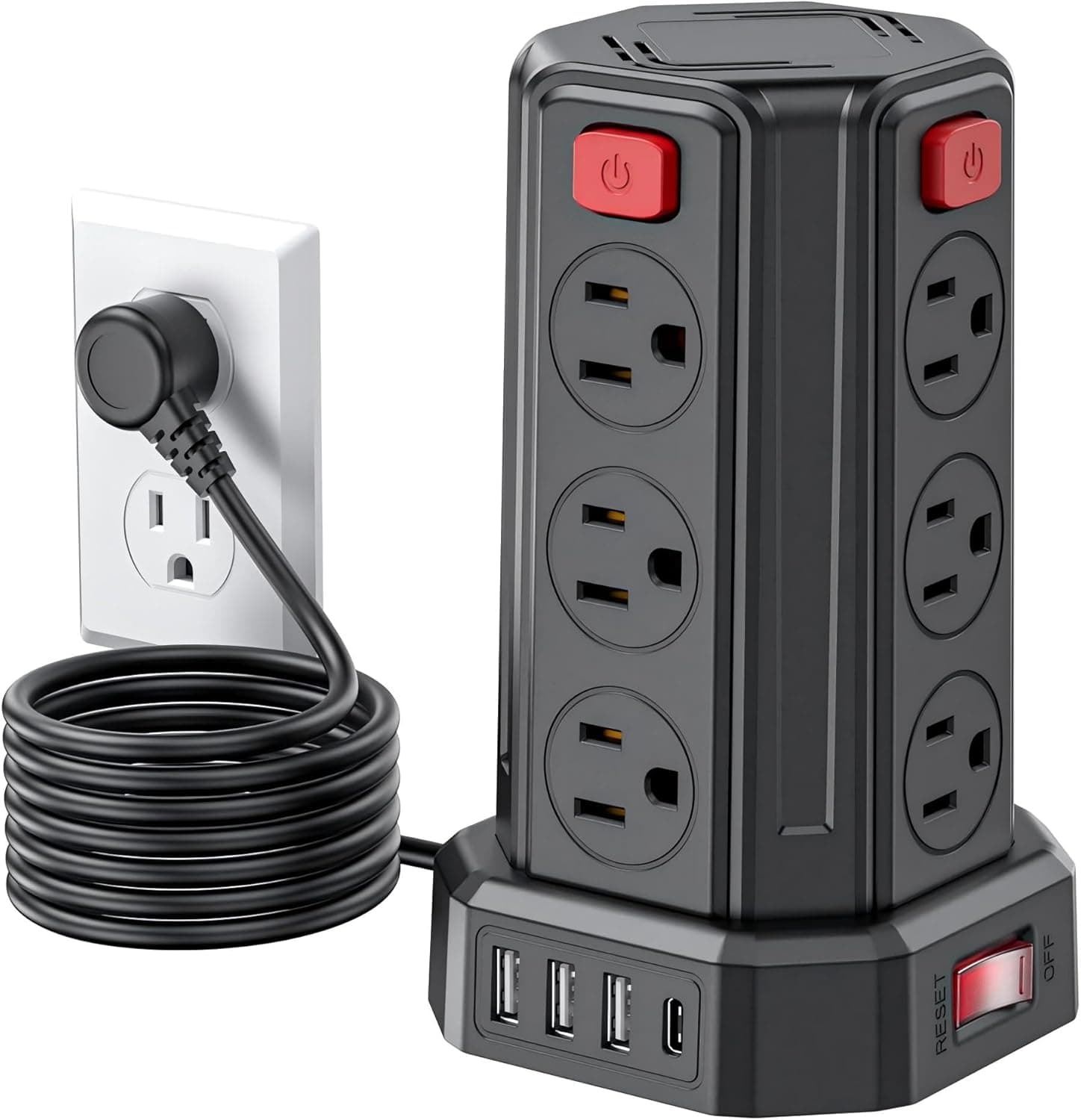 SMALLRT black power strip tower with 12 AC outlets and USB ports